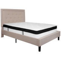 Flash Furniture SL-BMF-18-GG Roxbury Full Size Tufted Upholstered Platform Bed in Beige Fabric with Memory Foam Mattress